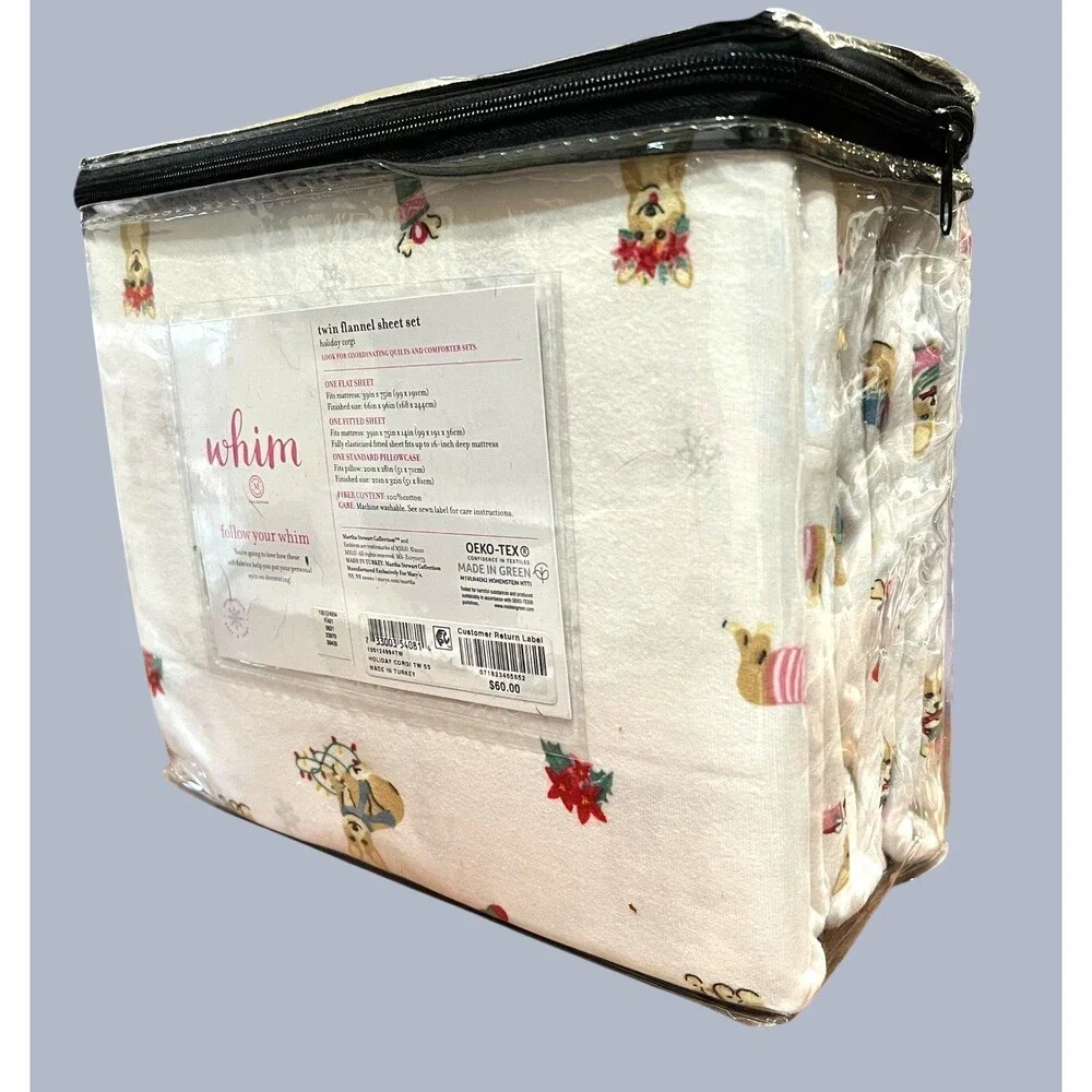 Martha Stewart Whim Collection Christmas Corgi 3-pc Twin Flannel Sheet Set  NIB